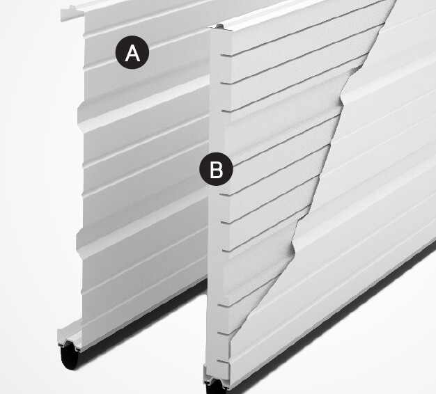 Deep-grooved steel wall and optional polystyrene insulation drawing